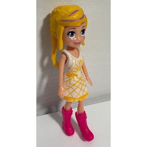 Polly Pocket Mini Doll Yellow Braided Hair White Yellow Dress Pink Boots 3.5" - Picture 3 of 9